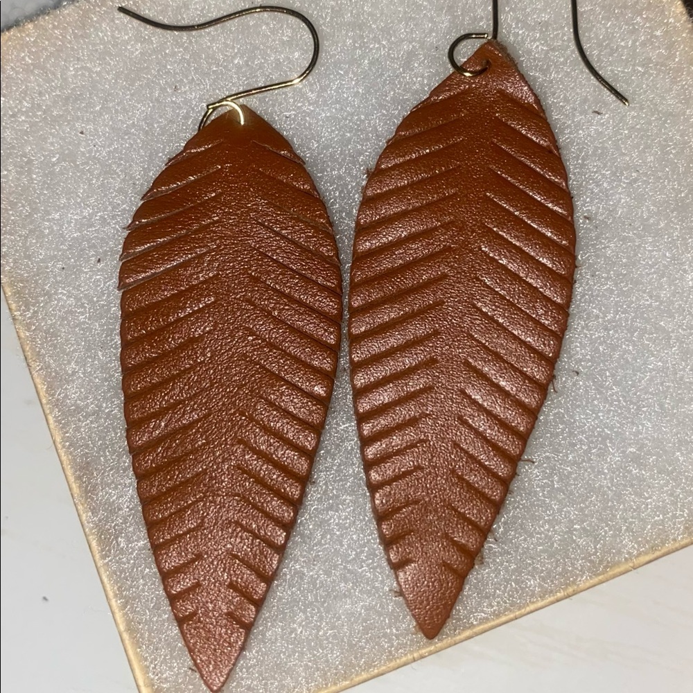 Handmade Brown Feather Faux Leather earrings